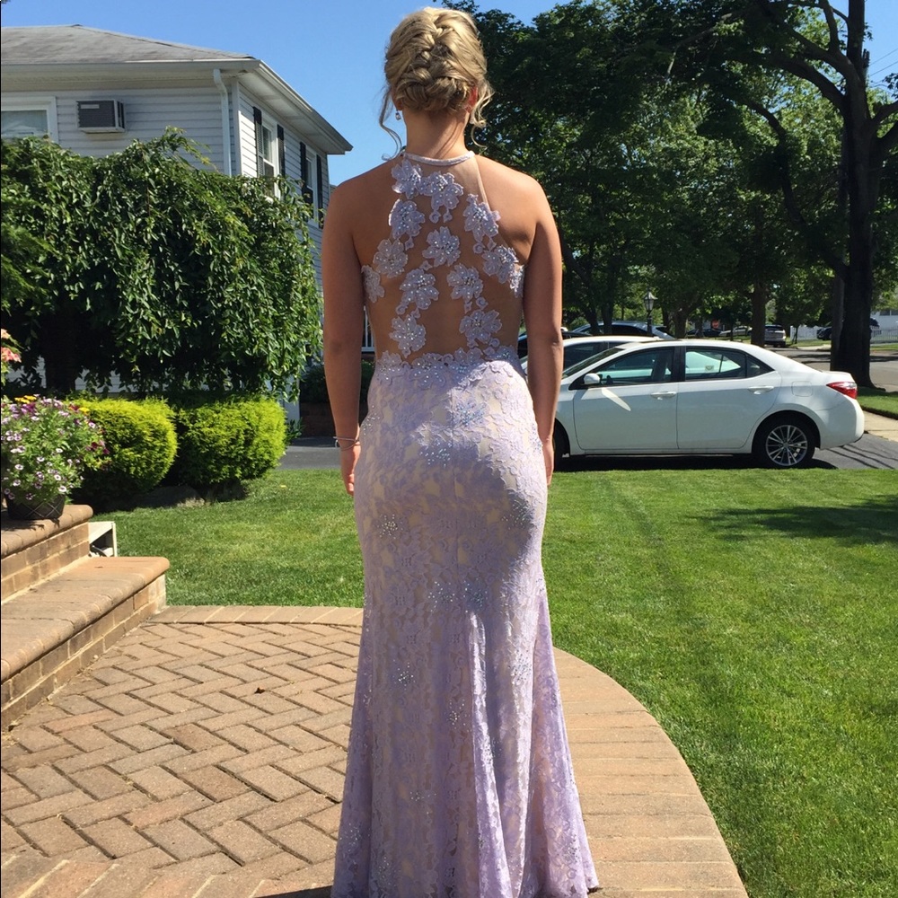 Lilac lace with creme underlay prom dress